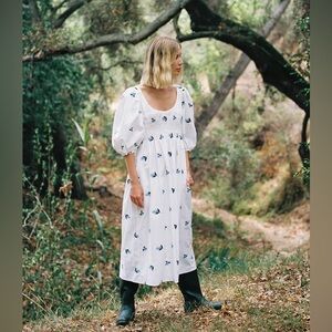 CIAO LUCIA Veneto Dress Cornflower Cotton Embroidered Puff Sleeve Smocked Small